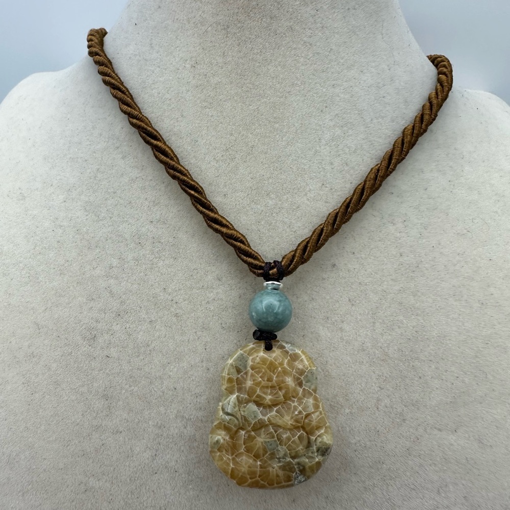 Coral Fossil Buddha Pendant Necklace Sterling Silver and Jade Accent Beads - Picture 6 of 10